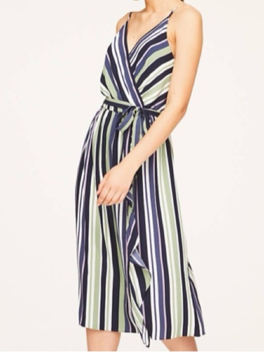 LOFT Navy and Light Green Striped Midi Wrap Dress